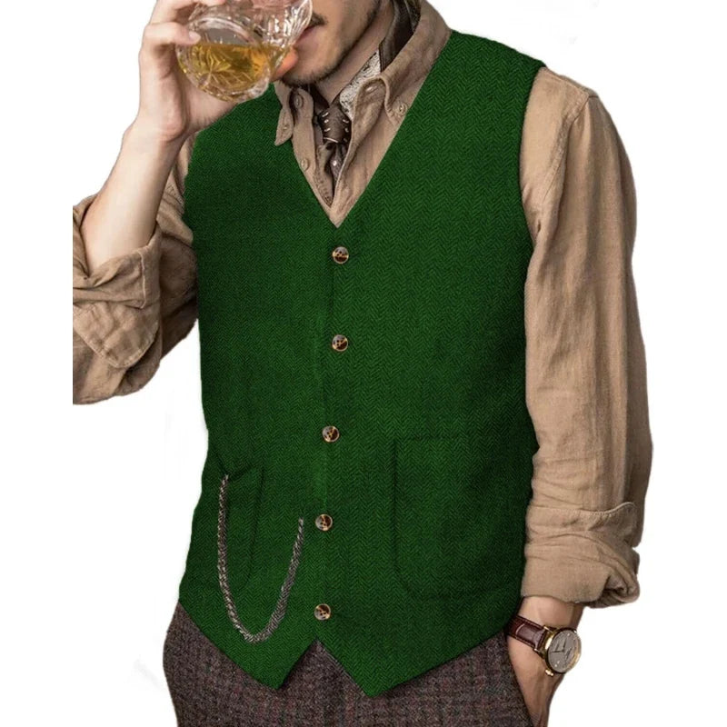 Men Vest Coffee Herringbone Solid Single Breasted Waistcoat For Wedding Business Banquet Party Work Daily Casual Men Suit Vest