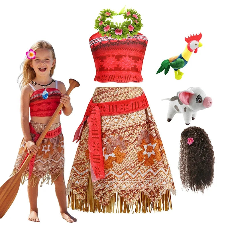 Moana Dress for Kids Girls Princess Vaiana Cosplay Carnival Children Birthday Party Headwear Necklace Pet Pig Chicken Set