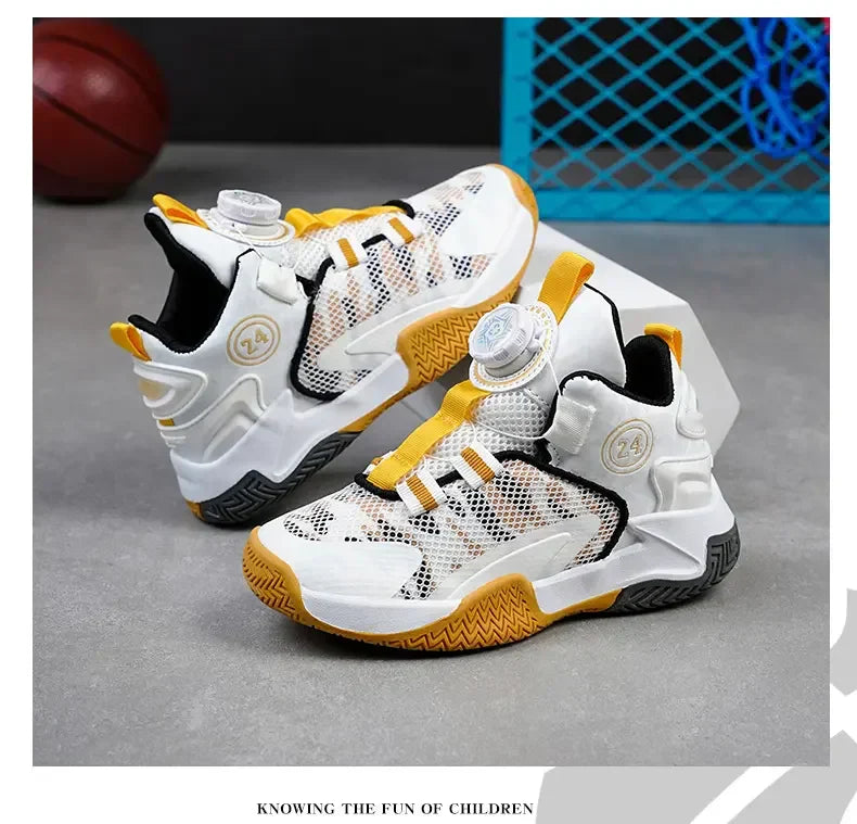 Boys Girls Quick Twist Lace Basketball Shoes Wear Resistant Comfortable Outdoor Athletic Footwear