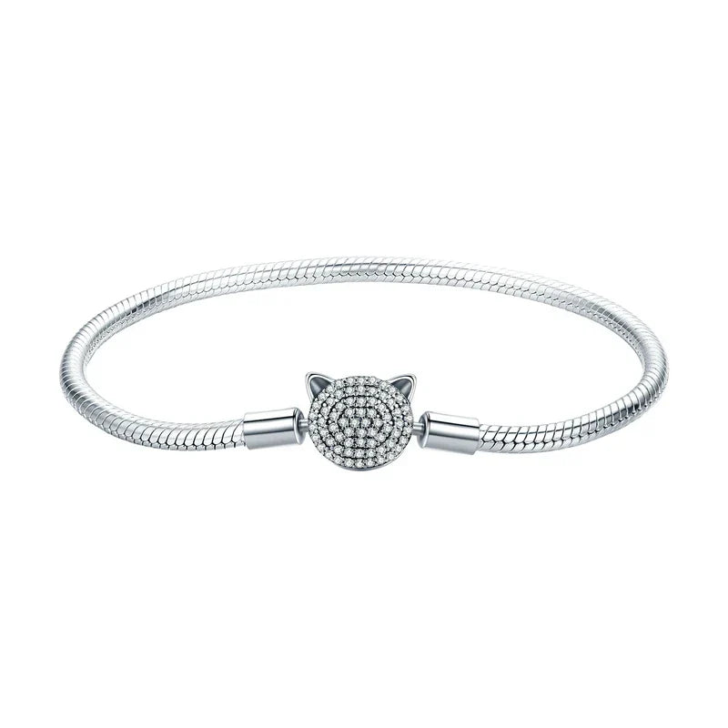 100% 925 Sterling Silver Glittering CZ Cute Cat Snake Chain Bracelet for Women Charm and Bead DIY Fine Jewelry SCB053