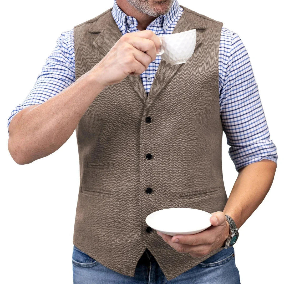 Men Vest Brown Herringbone Single Button With Lapel Waistcoat For Wedding Party Banquet Prom Business Work Casual Daily Men Vest