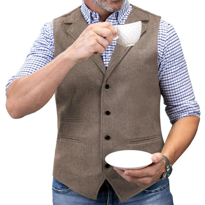 Men Vest Brown Herringbone Single Button With Lapel Waistcoat For Wedding Party Banquet Prom Business Work Casual Daily Men Vest