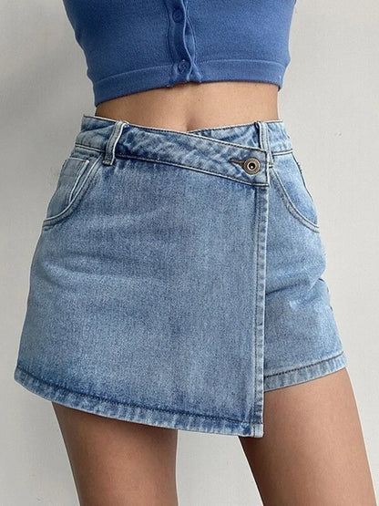 2026 Summer Women High Waist A-line Shorts Light Color Fake Two-piece Design Elegant Slimming Hot Girl Pants Denim Short Skirt