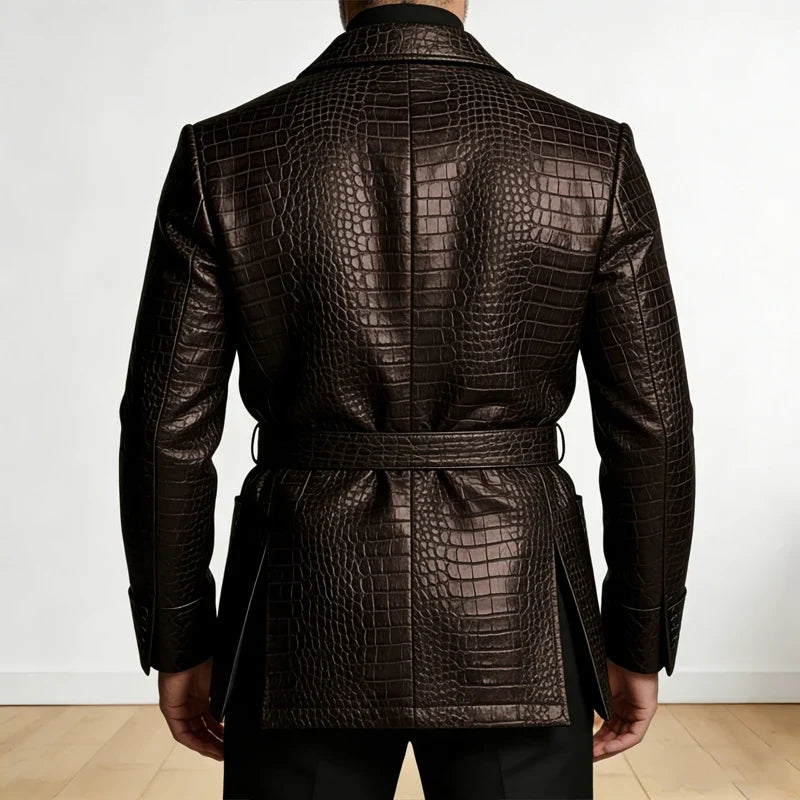  Men's Crocodile Pattern Leather Blazer Double Breasted Belted Shawl Collar Jacket Business Formal Party Wedding Casual Wear