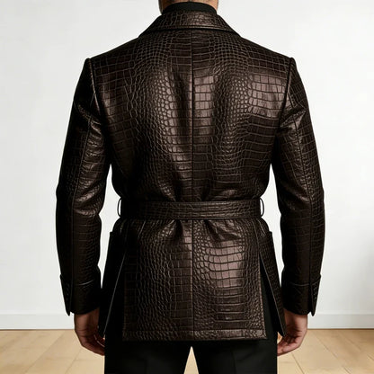  Men's Crocodile Pattern Leather Blazer Double Breasted Belted Shawl Collar Jacket Business Formal Party Wedding Casual Wear