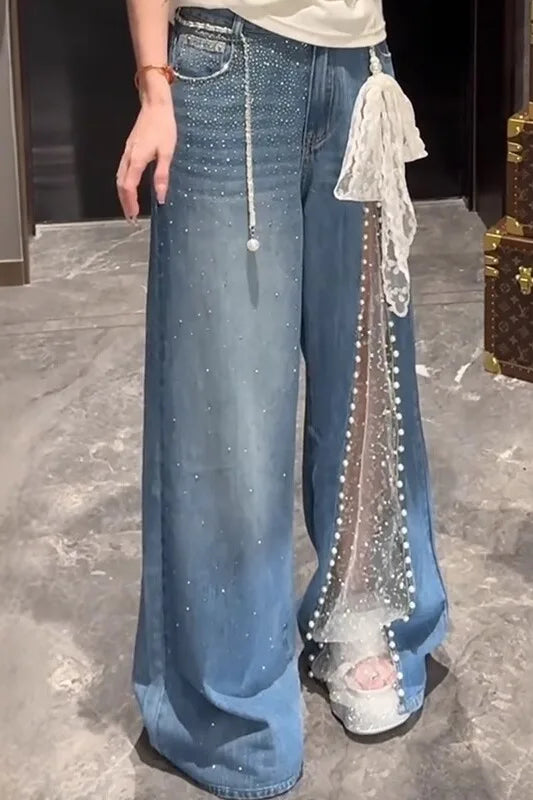 2025 Autumn Winter Women's Denim Pants Mesh Patchwork Y2K Streetwear Baggy Jeans Grunge Japanese Harajuku Cowboy Tide Designer