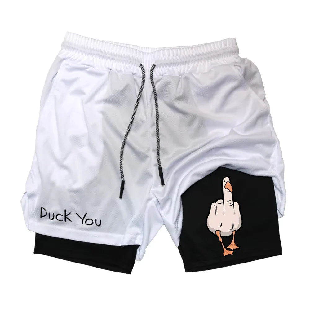 Cartoon Duck Print Men's Shorts Summer Double Layer Letter Print  Quick Drying Pants Fitness Tracksuit Beach Short Pants
