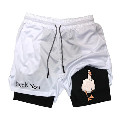 Cartoon Duck Print Men's Shorts Summer Double Layer Letter Print  Quick Drying Pants Fitness Tracksuit Beach Short Pants