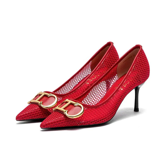 High Heels Red 2025 Spring New Hollow Business Women's Shoes 7cm Red Evening Shoes net