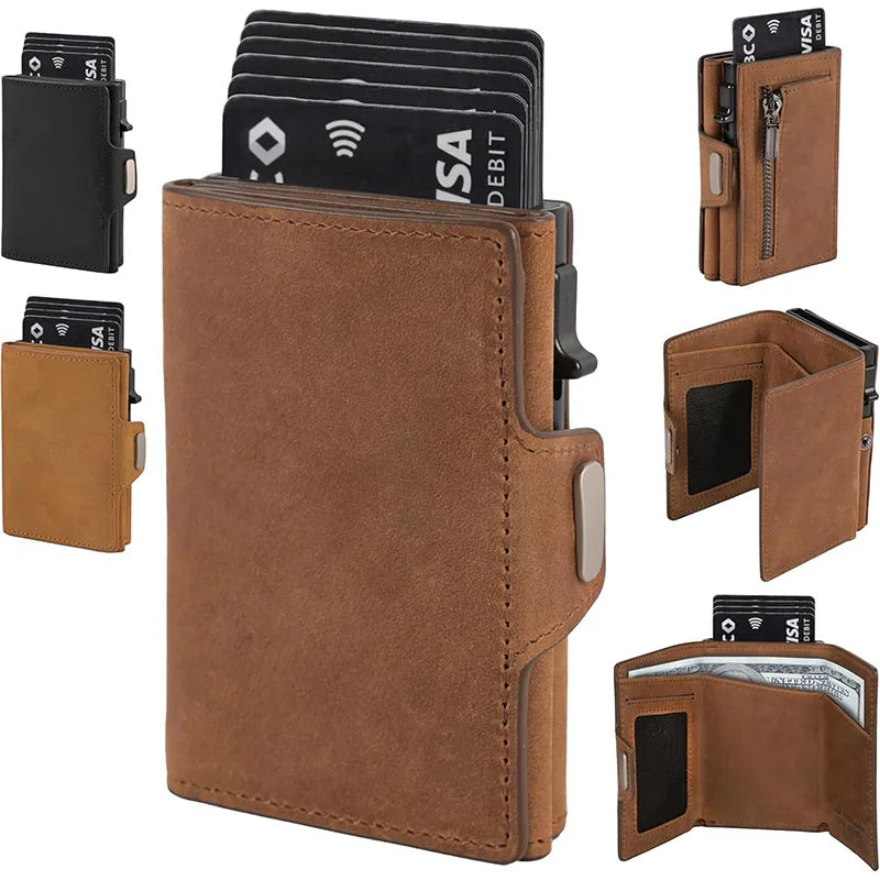Pop-Up RFID Slim Card Holder Wallet for Men Minimalist Leather Credit Card Wallet with Cash Slot Coin Pocket EDC Travel Wallet
