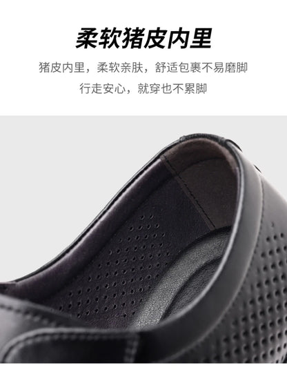 Mens Black Genuine Leather Perforated Metal Decor Lace Up Formal Business Office Breathable Summer Shoes Hollow Stylish Simple