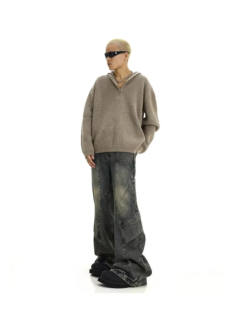 Men Jeans Denim Flare Pants Floor Length Pant Splice High Waist Irregularity Loose Casual Straight Trousers Autumn Winter 2025