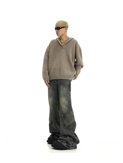 Men Jeans Denim Flare Pants Floor Length Pant Splice High Waist Irregularity Loose Casual Straight Trousers Autumn Winter 2025