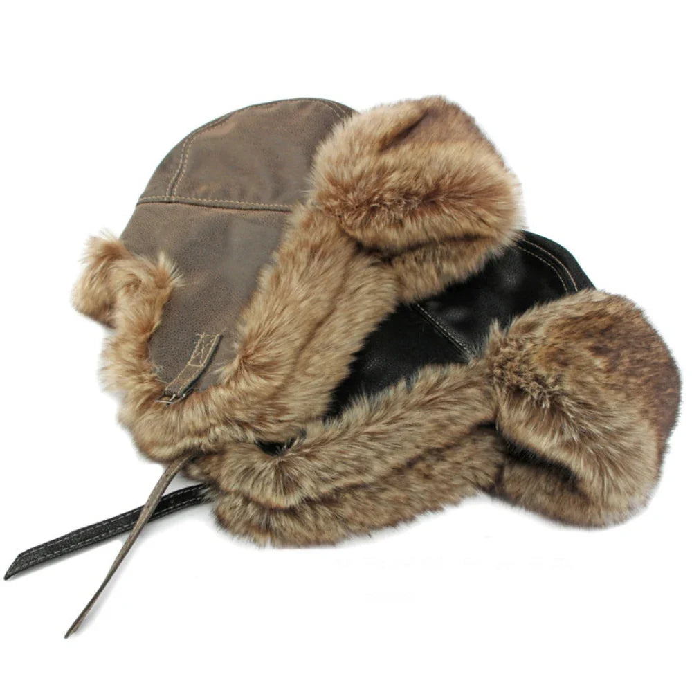 Bomber Hat New Thick Warm Men Women Russian Fur Hat Male Windproof PU Leather Ski Trapper Earflap Cap Winter Hat Ushanka