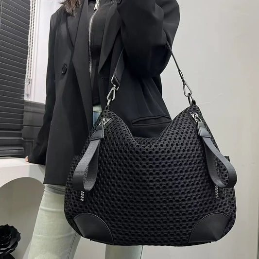 Ladies' fashionable and casual nylon mesh shoulder bag with large capacity retro stitching splicing diagonal cross handbag