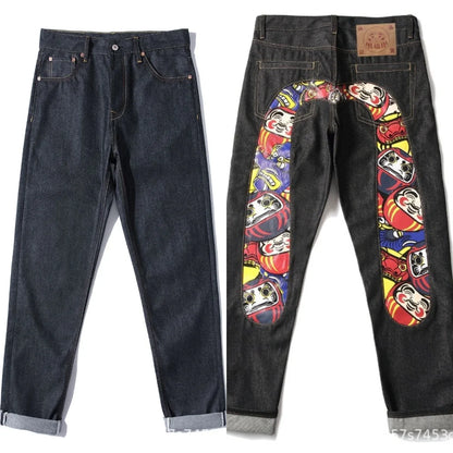 Men's Japanese Handmade Embroidered Jeans Pure Cotton Straight Tube Hip-Hop Popular Slim Red Ears Show Thin Trousers Devil Black