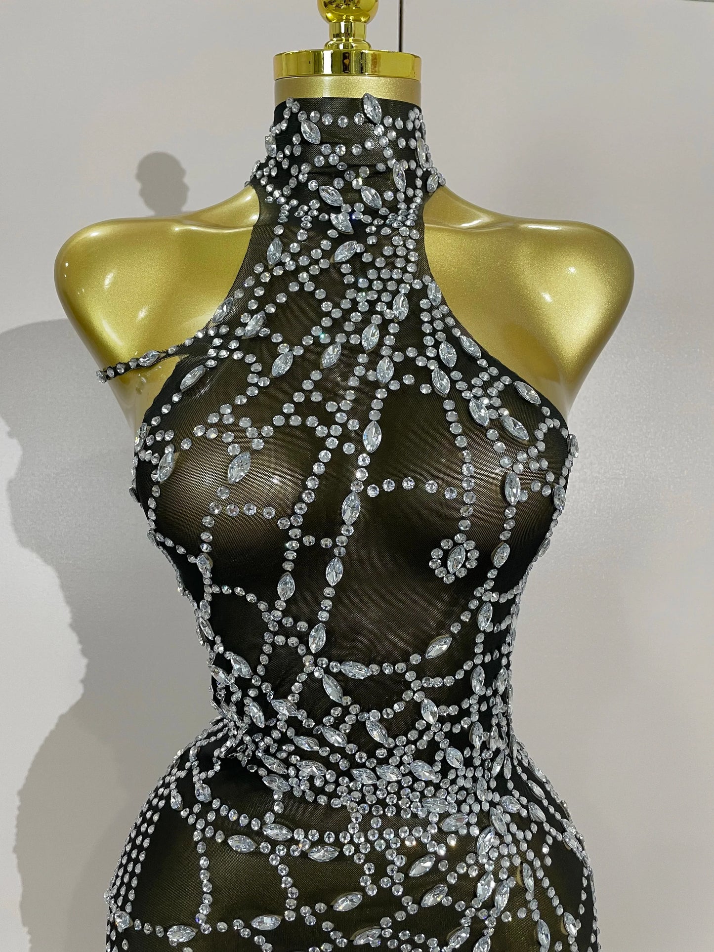 STOCK Sparkly Diamond Sexy Mesh Asymmetric Bodycon Mini Dress Women Nightclub Bar Party Show Gogo Dancer Clothing Stage Costume