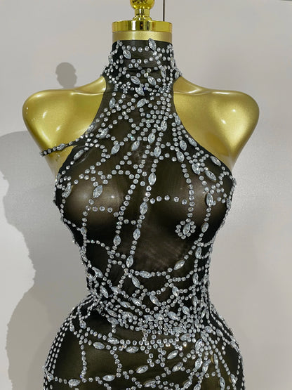 STOCK Sparkly Diamond Sexy Mesh Asymmetric Bodycon Mini Dress Women Nightclub Bar Party Show Gogo Dancer Clothing Stage Costume