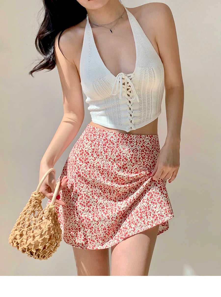 2024 Summer New Retro Vacation Style Small Floral Half Skirt High Waisted Wrap Buttocks Elegant Sweet Slim Short Skirt 06AH