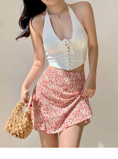 2024 Summer New Retro Vacation Style Small Floral Half Skirt High Waisted Wrap Buttocks Elegant Sweet Slim Short Skirt 06AH
