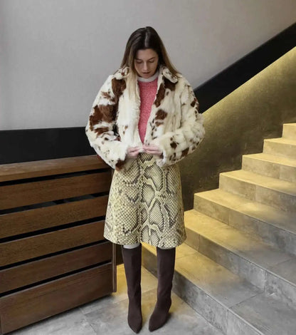 Snakeskin Printed Fashion Skirt Women's High Waist Slim Contrast Patchwork Commute Streetwear Female Vintage Y2k Skirt DDX8