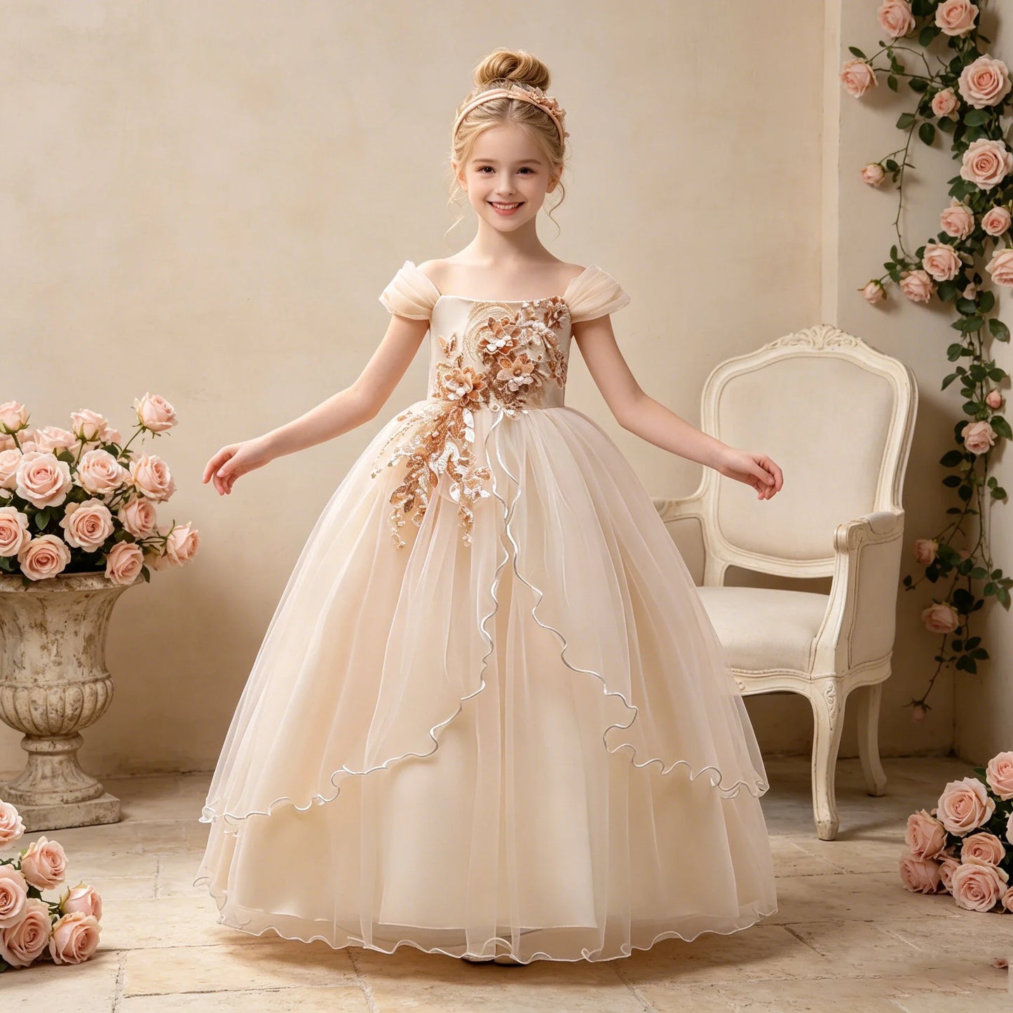 Elegant Wedding Bridemaids Party Girls Dress Tulle Bow Birthday Princess Dresses for Kids Flower Christmas Prom Evening Costumes