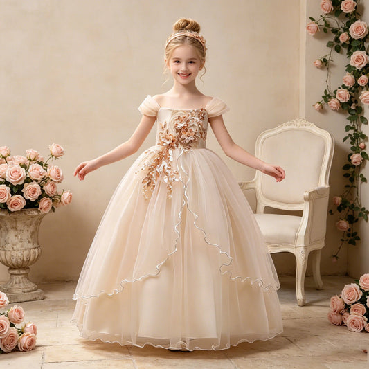 Elegant Wedding Bridemaids Party Girls Dress Tulle Bow Birthday Princess Dresses for Kids Flower Christmas Prom Evening Costumes