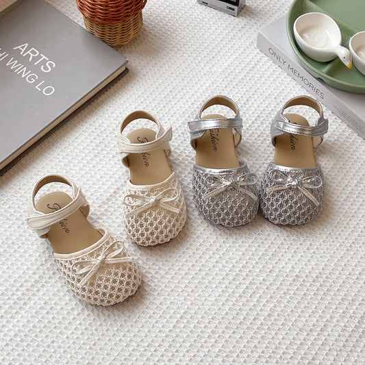 Girl's Sandals Breath-mesh Braided Adorable Summer Kids Sliders Bowtie Beige Sliver Round Toe All-match Childern Shoes 23-33