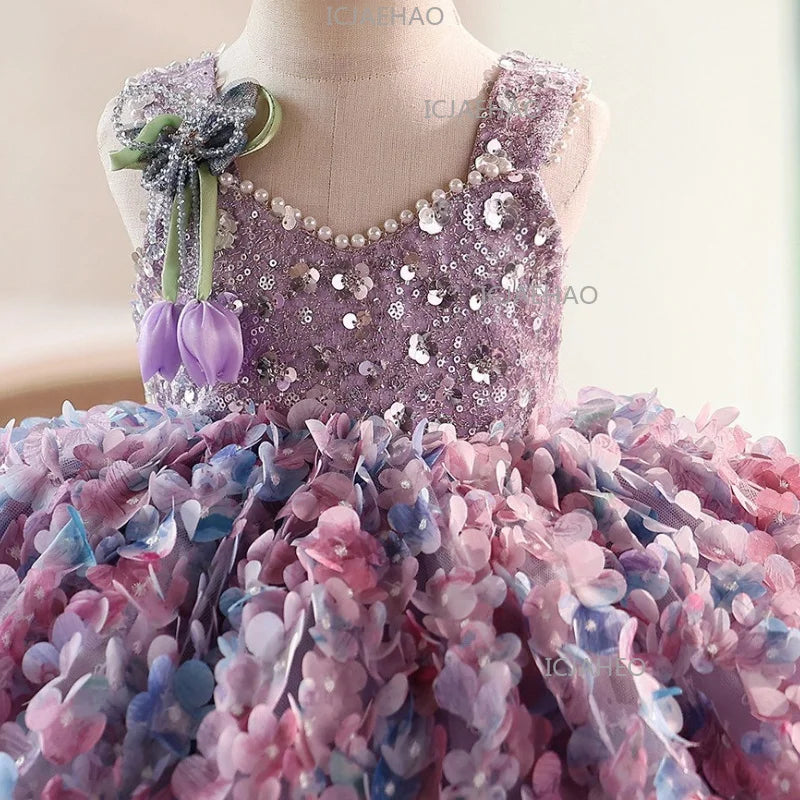 2026 Cute Sweet Purple Children Sleeveless Kids Host Princess Gown Costume Girls Birthday Party Dress Summer New Fashion Floral