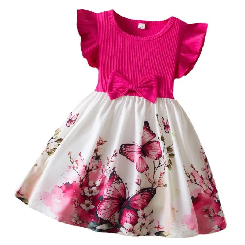 Summer New Girl's Butterfly Printed Dress 3-7Y Flying Sleeves Children's Cute Casual Dresses Girls Fashion Clothing