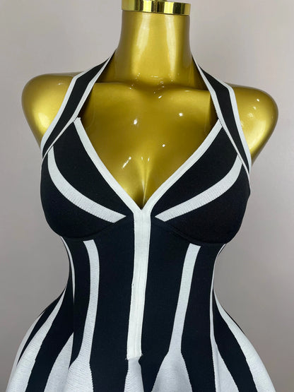 Sexy Backless Black White Stripes Halter Bandage A Line Short Dress 2025Women Celebrity Elegant Evening Party Holiday Club Dress