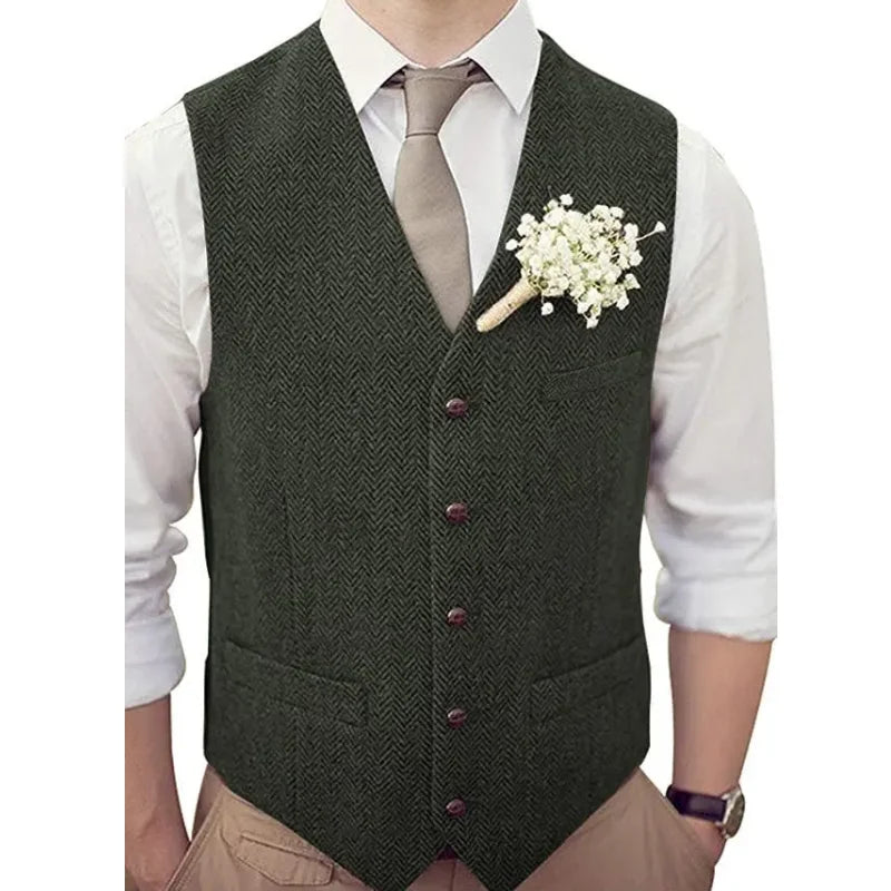 Men Vest Silver Herringbone V Neck Single Button Waistcoat For Wedding Banquet Birthday Business Casual Work Men Suit