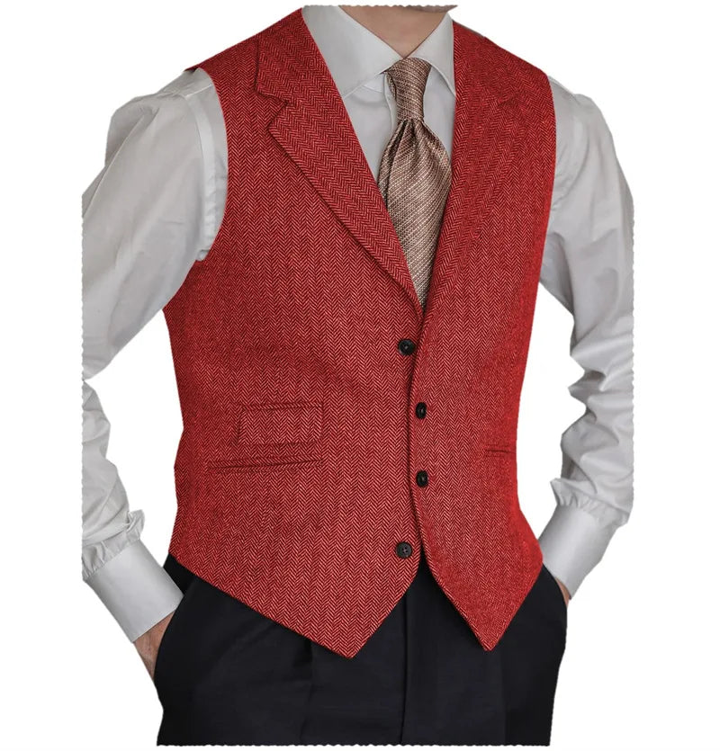 Men's Formal Suit Vests Slim Fit Males Tailored Collar Herringbone Tweed Casual Business Waistcoat Groomsman Vest For Wedding