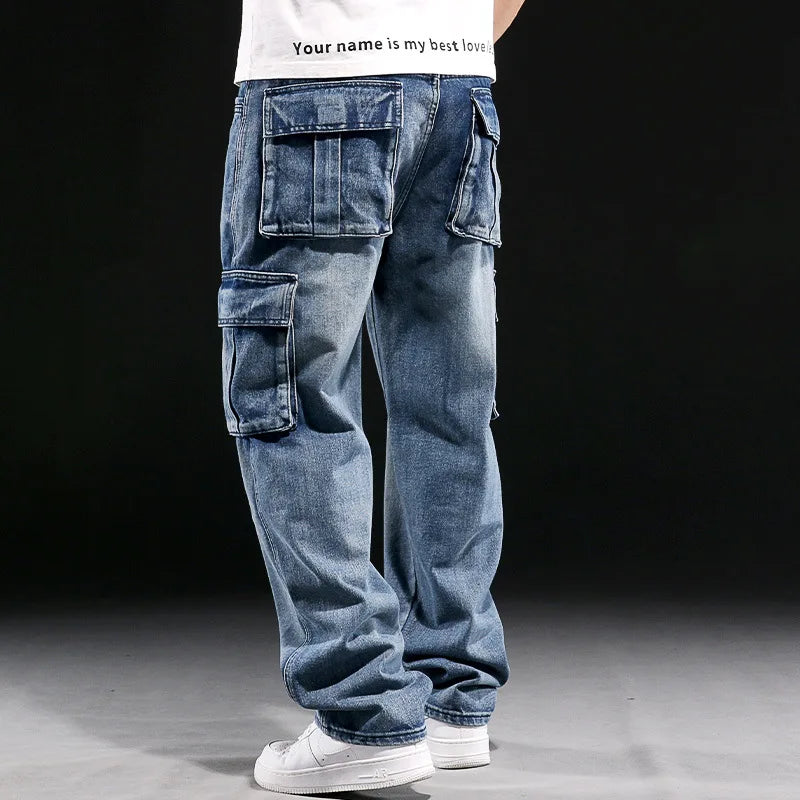 New Men's Fashion Multiple Pockets Loose Jeans Casual Denim Straight Pants Male Hip Hop Wide Leg Cargo Trousers Streetwear