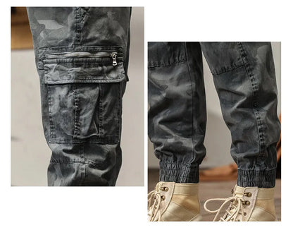 Length Men's Cargo Pant Cotton Stretch Casual Camouflage Trouser Male Camo Cuff Jogger Multi Zip Pocket Outfit Zipper Tied