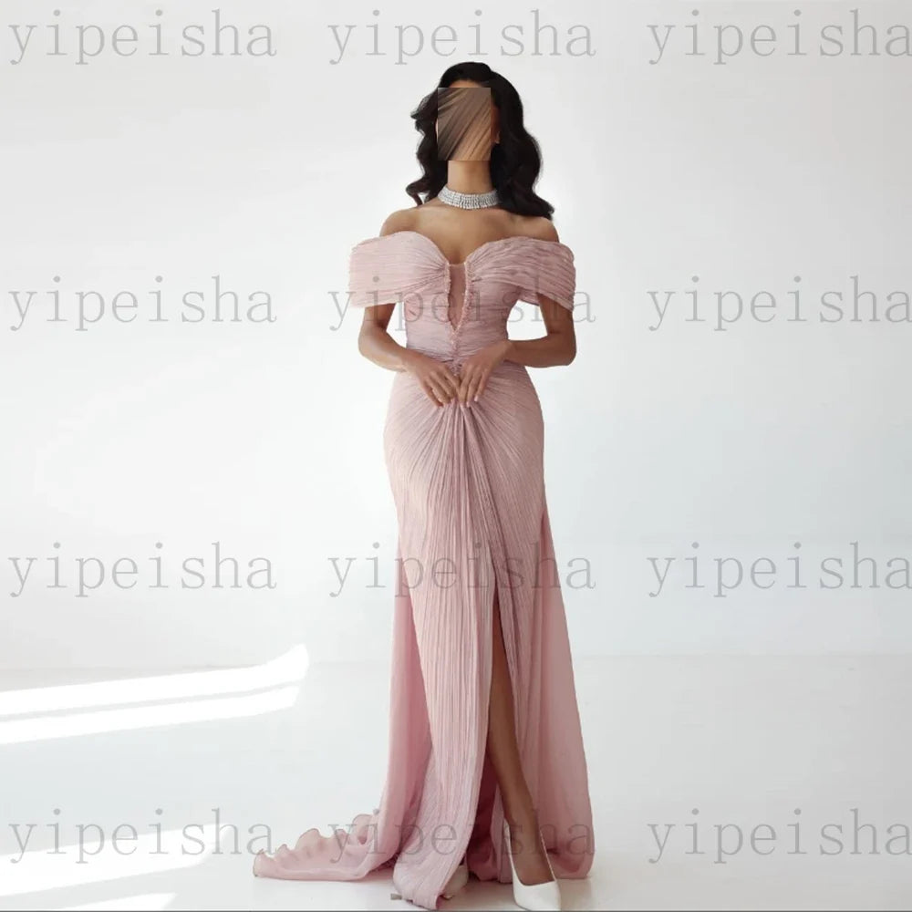Customized Deep V-Neck Evening Dresses Off The Shoulder Pleat Backless Fornt Slit mermaid Prom Gown Long organza Party Dress