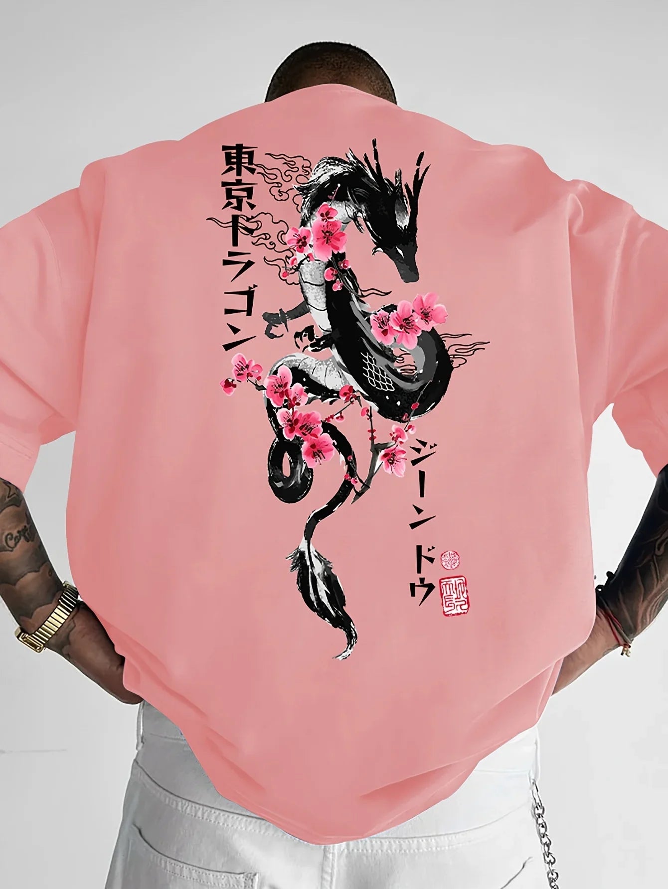 Japanese Style Dragon Cherry Blossom Print 100% Cotton Men Women T-shirt Summer Autumn Daily Sports Casual Loose Short-sleeve