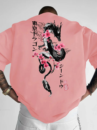 Japanese Style Dragon Cherry Blossom Print 100% Cotton Men Women T-shirt Summer Autumn Daily Sports Casual Loose Short-sleeve