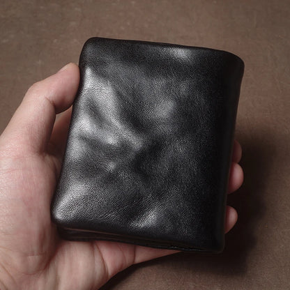Retro Genuine Leather Short Wallet Men and Women Bifold Money Clip Credit Card Holder with Zipper Coin Pocket Small Purse