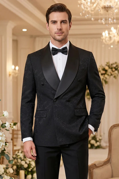 Black Luxury 2-Piece Set Men Suit Party Shawl Collar Double Breasted Business Casual Suit Groom's Wedding Dress Jacquard Pattern