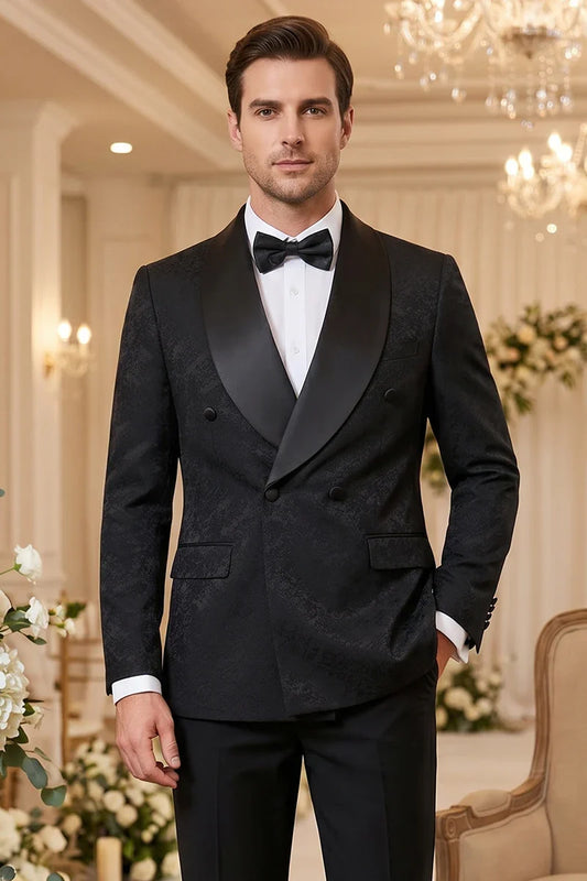 Black Luxury 2-Piece Set Men Suit Party Shawl Collar Double Breasted Business Casual Suit Groom's Wedding Dress Jacquard Pattern