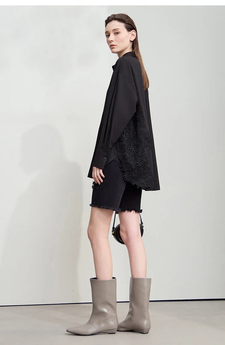 2025 New Arrival Autumn Offce Lady Shirt Turn-down Collar Drop Sleeves Loose Blouse Lace Splicing Women Clothing 12553077