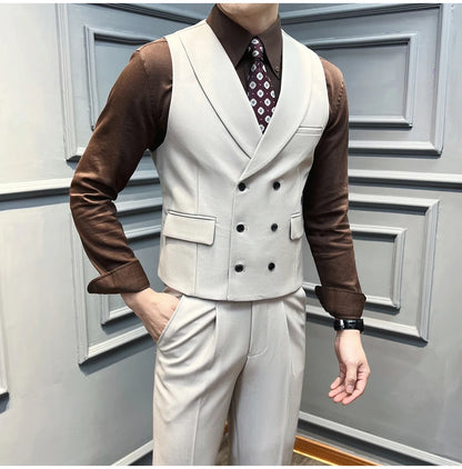 ( Vest + Pants) High-end Brand Solid Color Suit Vest 2 pieces Men Luxury Double Breasted Design Fashion Vest Set Club Clothing