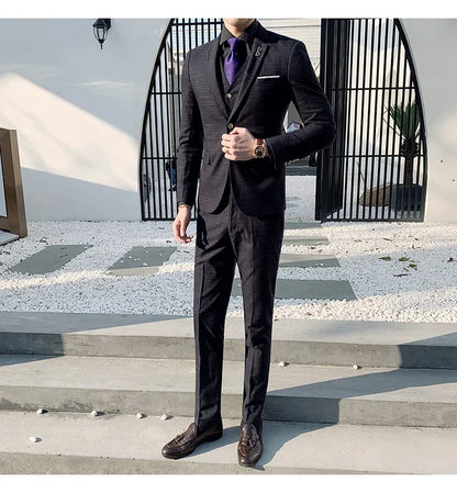 High Quality Slim-fit Men's Three-piece Suit with Vest And Trousers - Double Buckle Wedding Art Fabric Tough Man Suit
