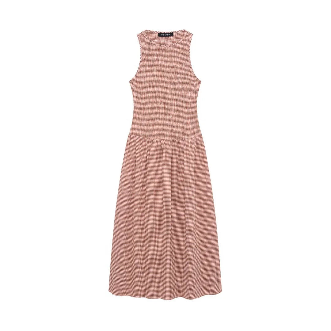 Dress for Women Fashion Summer New Plaid Fold Sleeveless O-neck Midi Vest Dresses French Chic Female Evening Clothing