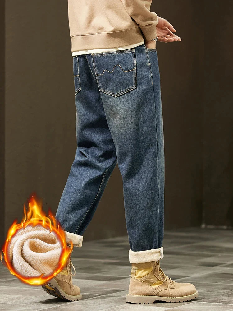 Retro Loose Winter Fleece Jeans Men's Warm Thicken Fashion Casual Denim Pants Comfortable Plush Velvet Thermal Male Trousers