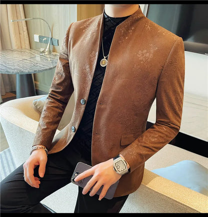 Men's New Chinese Stand Collar Blazer Jacket 2025 Fashion Elegant Printed Slim Fit Business Suits Jacket Tailcoat Men Clothing