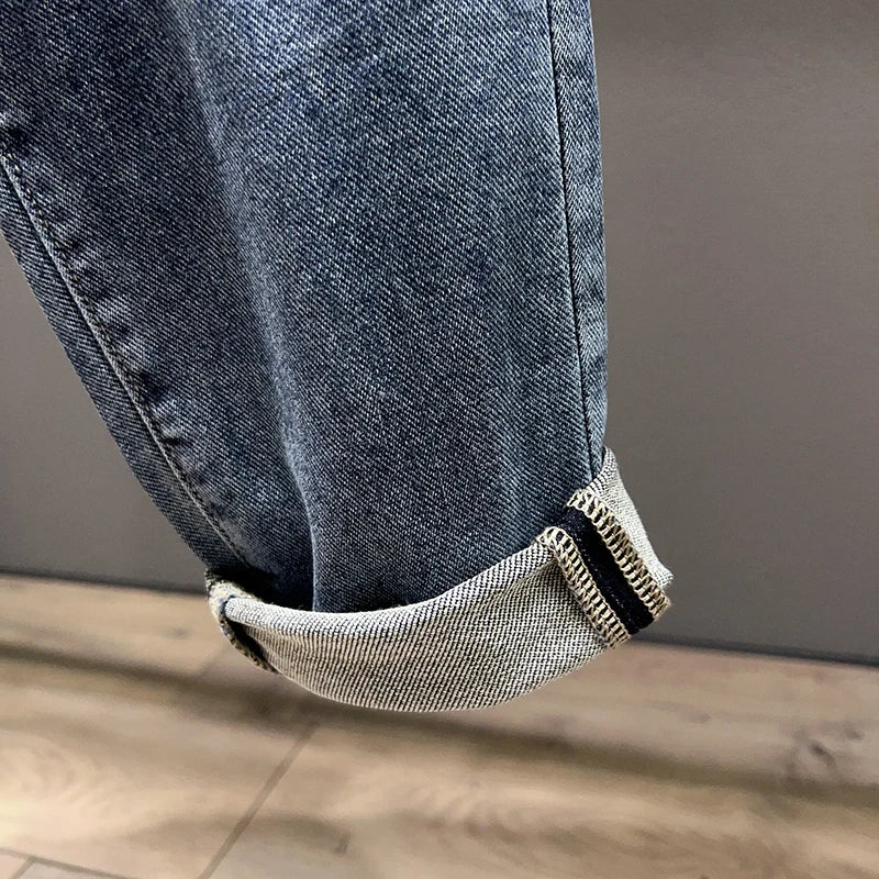 Men's Loose Harem Jeans Classic Blue Fashion Elastic Tapered Small Feet Denim Pants Streetwear Youth Ankle Length Trousers