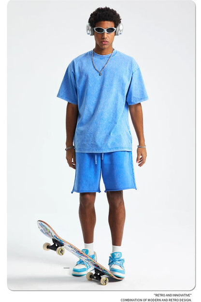 2025 High Street Summer Washed Cotton T-Shirt Tees For Men Unisex Loose Retro Solid T Shirts Brand Tops HY0113