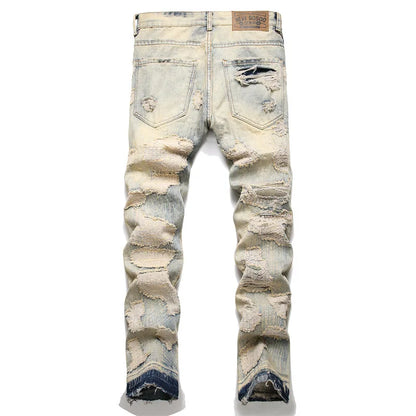 Summer Worn and Scratched Jeans Men's Small Feet Perforated Pockets Ragged Edges Long Pants Slim Fit Printing High Street Tide 2